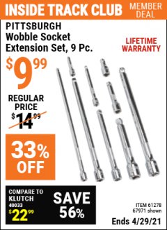 Harbor Freight ITC Coupon PITTSBURGH WOBBLE SOCKET EXTENSION SET, 9-PIECE Lot No. 67971 Expired: 4/29/21 - $9.99