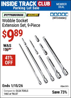 Harbor Freight Coupon PITTSBURGH WOBBLE SOCKET EXTENSION SET, 9-PIECE Lot No. 67971 Valid: 12/31/69 - 1/15/26 - $9.89