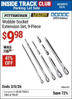 Harbor Freight Coupon PITTSBURGH WOBBLE SOCKET EXTENSION SET, 9-PIECE Lot No. 67971 Valid: 12/31/69 - 3/5/26 - $9.98