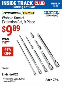 Harbor Freight ITC Coupon PITTSBURGH WOBBLE SOCKET EXTENSION SET, 9-PIECE Lot No. 67971 Expired: 6/4/26 - $9.89