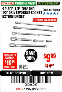Harbor Freight Coupon PITTSBURGH WOBBLE SOCKET EXTENSION SET, 9-PIECE Lot No. 67971 Expired: 12/16/18 - $9.99