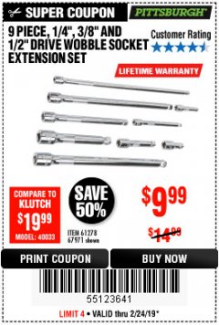 Harbor Freight Coupon PITTSBURGH WOBBLE SOCKET EXTENSION SET, 9-PIECE Lot No. 67971 Expired: 2/24/19 - $9.99