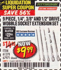 Harbor Freight Coupon PITTSBURGH WOBBLE SOCKET EXTENSION SET, 9-PIECE Lot No. 67971 Expired: 5/31/19 - $9.99
