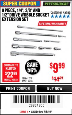 Harbor Freight Coupon PITTSBURGH WOBBLE SOCKET EXTENSION SET, 9-PIECE Lot No. 67971 Expired: 7/8/19 - $9.99