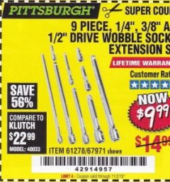 Harbor Freight Coupon 9 PIECE 1/4", 3/8", AND 1/2" DRIVE WOBBLE SOCKET EXTENSIONS Lot No. 67971/61278 Expired: 11/2/19 - $9.99