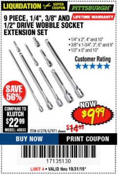 Harbor Freight Coupon 9 PIECE 1/4", 3/8", AND 1/2" DRIVE WOBBLE SOCKET EXTENSIONS Lot No. 67971/61278 Expired: 10/31/19 - $9.99