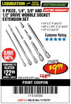 Harbor Freight Coupon PITTSBURGH WOBBLE SOCKET EXTENSION SET, 9-PIECE Lot No. 67971 Expired: 11/10/19 - $9.99