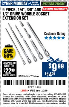 Harbor Freight Coupon 9 PIECE 1/4", 3/8", AND 1/2" DRIVE WOBBLE SOCKET EXTENSIONS Lot No. 67971/61278 Expired: 12/1/19 - $9.99
