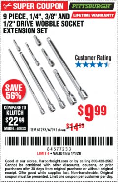 Harbor Freight Coupon 9 PIECE 1/4", 3/8", AND 1/2" DRIVE WOBBLE SOCKET EXTENSIONS Lot No. 67971/61278 Expired: 1/1/20 - $9.99