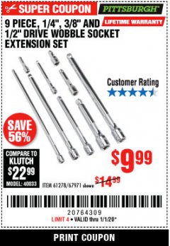 Harbor Freight Coupon 9 PIECE 1/4", 3/8", AND 1/2" DRIVE WOBBLE SOCKET EXTENSIONS Lot No. 67971/61278 Expired: 1/1/20 - $9.99