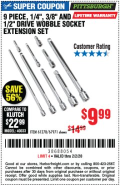 Harbor Freight Coupon 9 PIECE 1/4", 3/8", AND 1/2" DRIVE WOBBLE SOCKET EXTENSIONS Lot No. 67971/61278 Expired: 2/2/20 - $9.99