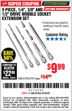 Harbor Freight Coupon PITTSBURGH WOBBLE SOCKET EXTENSION SET, 9-PIECE Lot No. 67971 Expired: 2/23/20 - $9.99