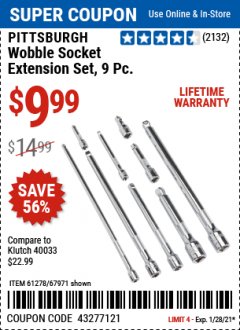 Harbor Freight Coupon PITTSBURGH WOBBLE SOCKET EXTENSION SET, 9-PIECE Lot No. 67971 Expired: 1/28/21 - $9.99
