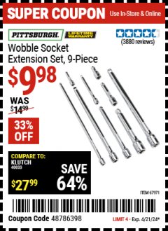 Harbor Freight Coupon 9 PIECE 1/4", 3/8", AND 1/2" DRIVE WOBBLE SOCKET EXTENSIONS Lot No. 67971/61278 Expired: 4/21/24 - $9.98