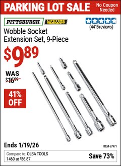 Harbor Freight Coupon PITTSBURGH WOBBLE SOCKET EXTENSION SET, 9-PIECE Lot No. 67971 Expired: 12/31/69 - $9.89