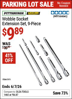 Harbor Freight Coupon PITTSBURGH WOBBLE SOCKET EXTENSION SET, 9-PIECE Lot No. 67971 Expired: 6/7/26 - $9.89