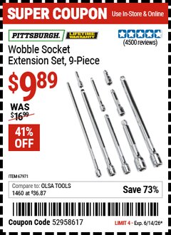 Harbor Freight Coupon PITTSBURGH WOBBLE SOCKET EXTENSION SET, 9-PIECE Lot No. 67971 Expired: 6/14/26 - $9.89