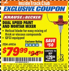 Harbor Freight ITC Coupon DUAL SPEED PAINT AND MORTAR MIXER Lot No. 65758/69856 Expired: 8/31/18 - $79.99