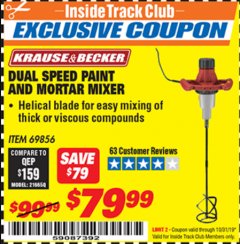 Harbor Freight ITC Coupon DUAL SPEED PAINT AND MORTAR MIXER Lot No. 65758/69856 Expired: 10/31/19 - $79.99
