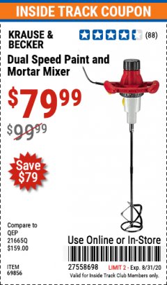 Harbor Freight ITC Coupon DUAL SPEED PAINT AND MORTAR MIXER Lot No. 65758/69856 Expired: 8/31/20 - $79.99