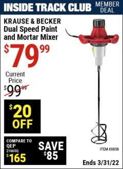 Harbor Freight ITC Coupon DUAL SPEED PAINT AND MORTAR MIXER Lot No. 65758/69856 Expired: 3/31/22 - $79.99