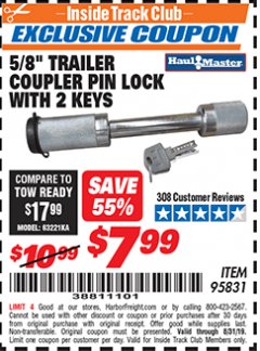 Harbor Freight ITC Coupon HAUL-MASTER 5/8 IN. TRAILER BALL MOUNT LOCK WITH 2 KEYS Lot No. 95831 Expired: 8/31/19 - $7.99