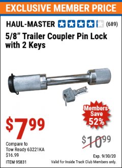 Harbor Freight ITC Coupon 5/8"X 3" TRAILER COUPLER PIN LOCK WITH 2 KEYS Lot No. 95831 Expired: 9/30/20 - $7.99