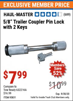 Harbor Freight ITC Coupon HAUL-MASTER 5/8 IN. TRAILER BALL MOUNT LOCK WITH 2 KEYS Lot No. 95831 Expired: 9/30/20 - $7.99