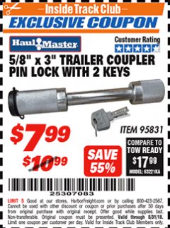 Harbor Freight ITC Coupon 5/8"X 3" TRAILER COUPLER PIN LOCK WITH 2 KEYS Lot No. 95831 Expired: 8/31/18 - $7.99