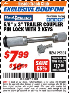 Harbor Freight ITC Coupon HAUL-MASTER 5/8 IN. TRAILER BALL MOUNT LOCK WITH 2 KEYS Lot No. 95831 Expired: 8/31/18 - $7.99