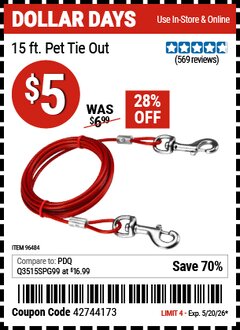 Harbor Freight Coupon 15 FT. PET TIE OUT Lot No. 96484 Valid Thru: 5/20/26 - $5