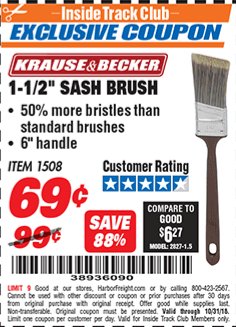 Harbor Freight ITC Coupon 1-1/2" SASH BRUSH Lot No. 1508 Expired: 10/31/18 - $0.69