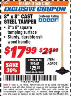 Harbor Freight ITC Coupon 8" X 8" CAST STEEL TAMPER Lot No. 69891 Expired: 10/31/18 - $17.99