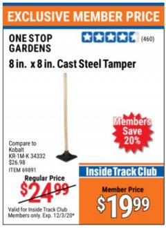 Harbor Freight ITC Coupon 8" X 8" CAST STEEL TAMPER Lot No. 69891 Expired: 12/3/20 - $19.99