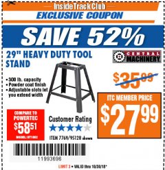 Harbor Freight ITC Coupon 29" HEAVY DUTY TOOL STAND Lot No. 7769, 95128 Expired: 10/30/18 - $27.99