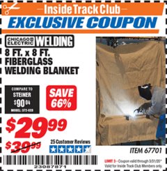 Harbor Freight ITC Coupon 8 FT. X 8 FT. FIBERGLASS WELDING BLANKET Lot No. 67701 Expired: 3/31/20 - $29.99