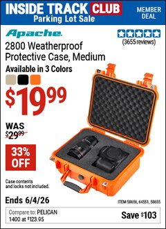 Harbor Freight Coupon APACHE 2800 WEATHERPROOF PROTECTIVE CASE, MEDIUM Lot No. 58655/58656/64551 Valid: 12/31/69 - 6/4/26 - $19.99