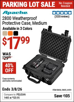 Harbor Freight Coupon APACHE 2800 WEATHERPROOF PROTECTIVE CASE, MEDIUM, ORANGE Lot No. 58655/64551/58656 Expired: 3/8/26 - $17.99