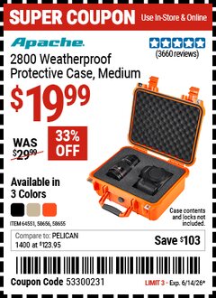 Harbor Freight Coupon APACHE 2800 WEATHERPROOF PROTECTIVE CASE, MEDIUM Lot No. 58655/58656/64551 Valid Thru: 6/14/26 - $19.99
