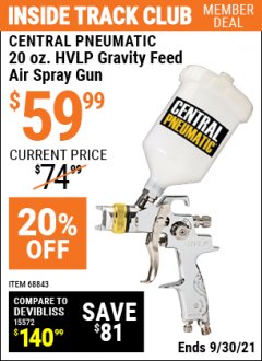 Harbor Freight ITC Coupon 20 OZ. PROFESSIONAL HVLP GRAVITY FEED AIR SPRAY GUN Lot No. 68843 Expired: 9/30/21 - $59.99