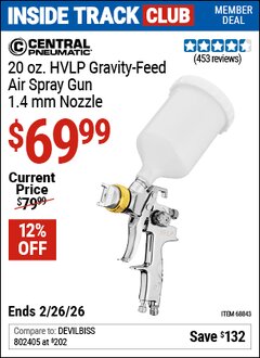 Harbor Freight Coupon CENTRAL PNEUMATIC 20 OZ. HVLP GRAVITY-FEED AIR SPRAY GUN, 1.4 MM NOZZLE Lot No. 68843 Valid: 12/31/69 - 2/26/26 - $69.99