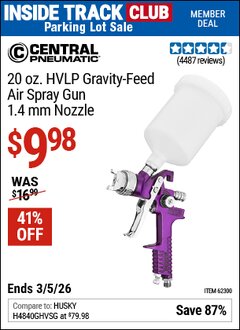Harbor Freight Coupon CENTRAL PNEUMATIC 20 OZ. HVLP GRAVITY-FEED AIR SPRAY GUN, 1.4 MM NOZZLE Lot No. 68843 Valid: 12/31/69 - 3/5/26 - $9.98