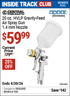 Harbor Freight Coupon CENTRAL PNEUMATIC 20 OZ. HVLP GRAVITY-FEED AIR SPRAY GUN, 1.4 MM NOZZLE Lot No. 68843 Valid: 12/31/69 - 4/30/26 - $59.99