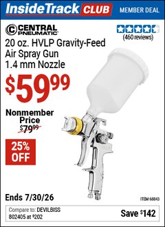 Harbor Freight ITC Coupon CENTRAL PNEUMATIC 20 OZ. HVLP GRAVITY-FEED AIR SPRAY GUN, 1.4 MM NOZZLE Lot No. 68843 Valid Thru: 7/30/26 - $59.99