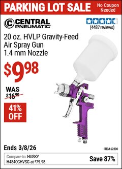 Harbor Freight Coupon CENTRAL PNEUMATIC 20 OZ. HVLP GRAVITY-FEED AIR SPRAY GUN, 1.4 MM NOZZLE Lot No. 68843 Expired: 3/8/26 - $9.98
