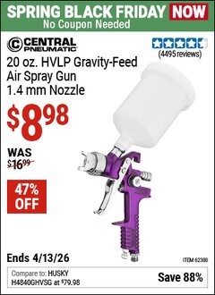 Harbor Freight Coupon CENTRAL PNEUMATIC 20 OZ. HVLP GRAVITY-FEED AIR SPRAY GUN, 1.4 MM NOZZLE Lot No. 68843 Expired: 4/12/26 - $8.98