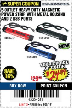 Harbor Freight Coupon 5 OUTLET MAGNETIC POWER STRIP Lot No. 63737 Expired: 9/30/19 - $24.99