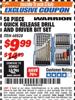 Harbor Freight ITC Coupon WARRIOR DRILL AND DRIVER BIT SET, 58-PIECE Lot No. 68828 Expired: 7/31/18 - $9.99