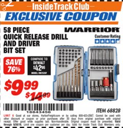 Harbor Freight ITC Coupon WARRIOR DRILL AND DRIVER BIT SET, 58-PIECE Lot No. 68828 Expired: 9/30/18 - $9.99
