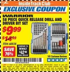 Harbor Freight ITC Coupon WARRIOR DRILL AND DRIVER BIT SET, 58-PIECE Lot No. 68828 Expired: 1/31/19 - $9.99